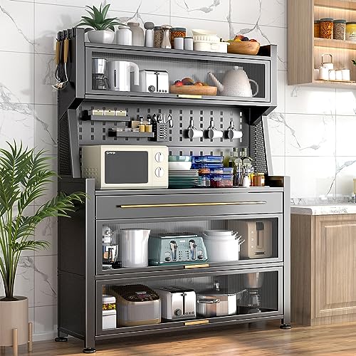 Kitchen Storage Cabinets, Bakers Rack with Drawers, Microwave Stand, with Flip Door Cabinet, Pegboard and Accessories