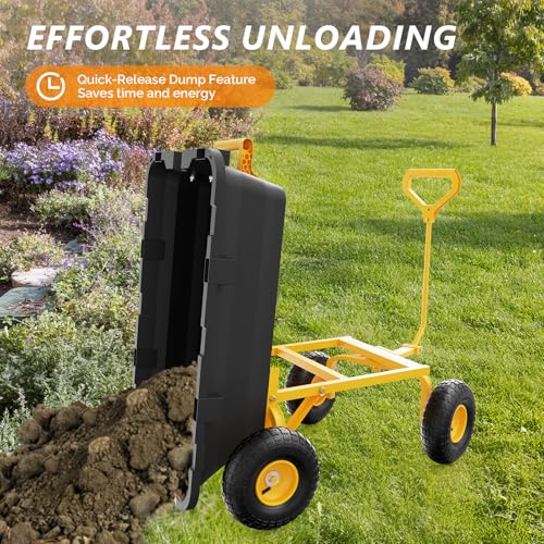 VINGLI Heavy Duty Dump Cart Wagon, 770LBS Quick-Release Dump Poly Wheelbarrow, 10in All-Terrain Pneumatic Tires Garden Wagon for Garden, Yard, Beach