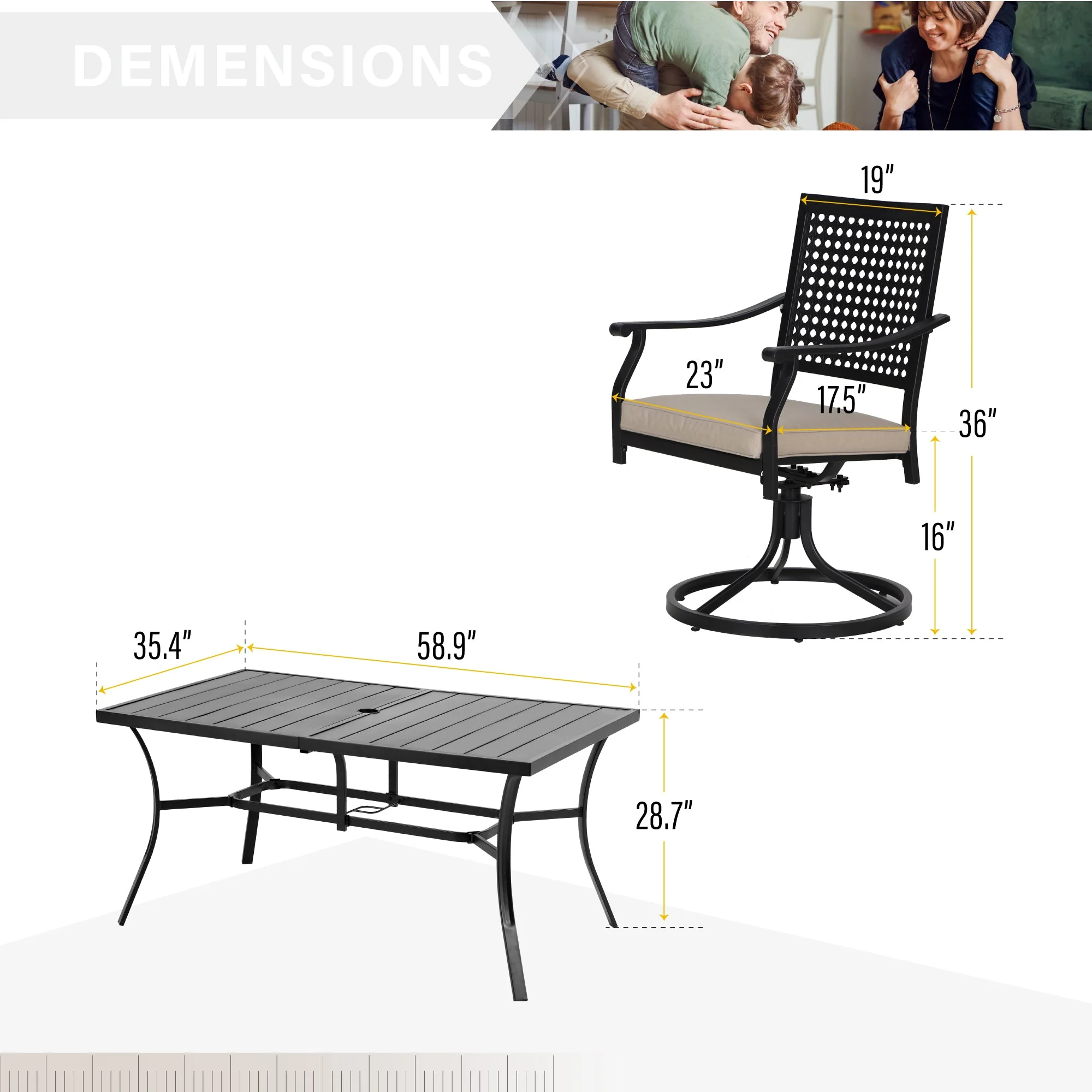 Sophia & William 7 Piece Outdoor Patio Dining Set 6 Cushioned Swivel Chairs and 60" * 38" Teak Wood Table