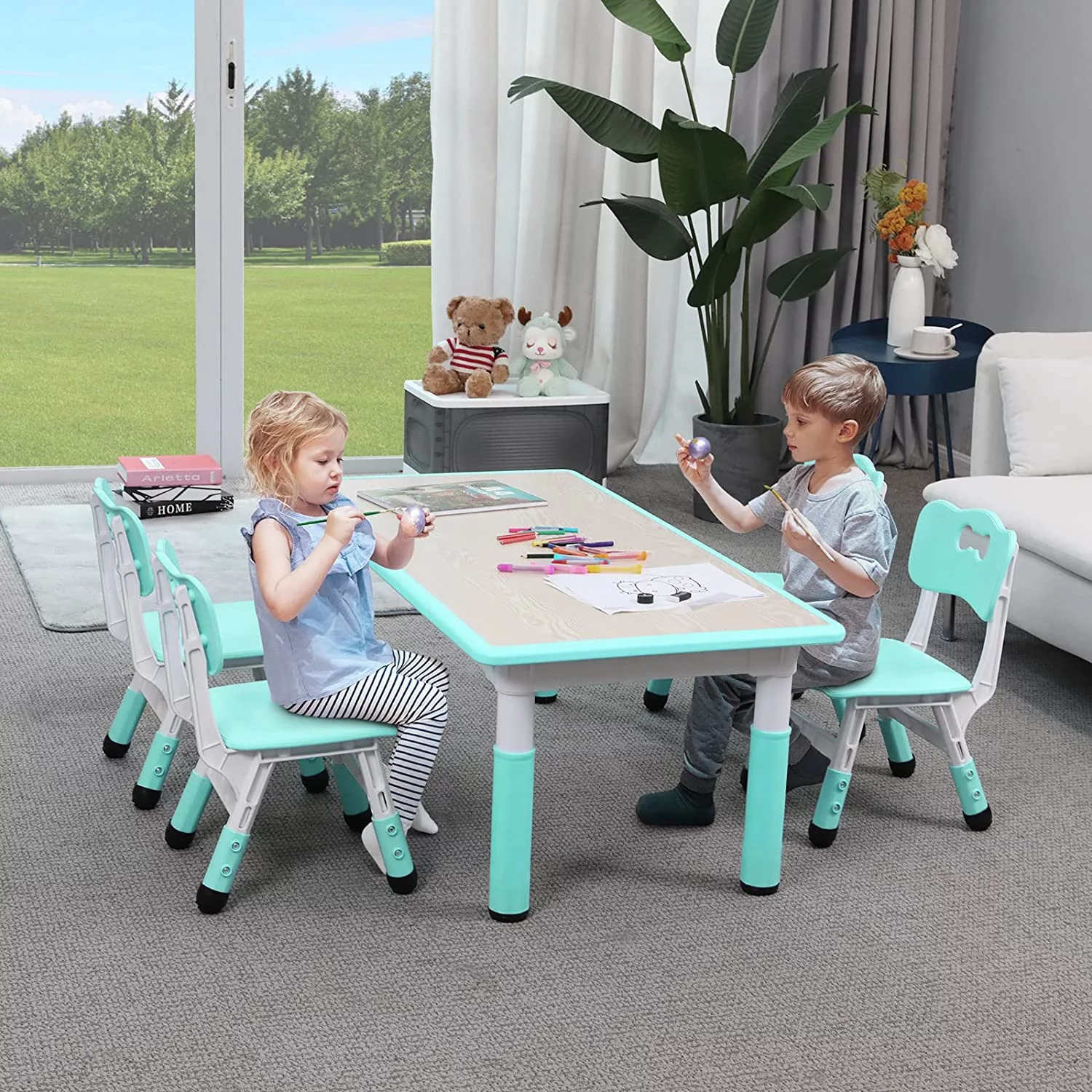 Arlopu Adjustable Kids Table and Chairs Set, 5 Pieces Toddler Play Arts & Crafts Desk Activity Table with 4 Chairs