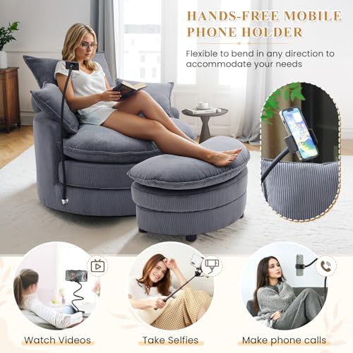 Swivel Barrel Accent Sofa Chair with Phone Holder & Storage Ottoman