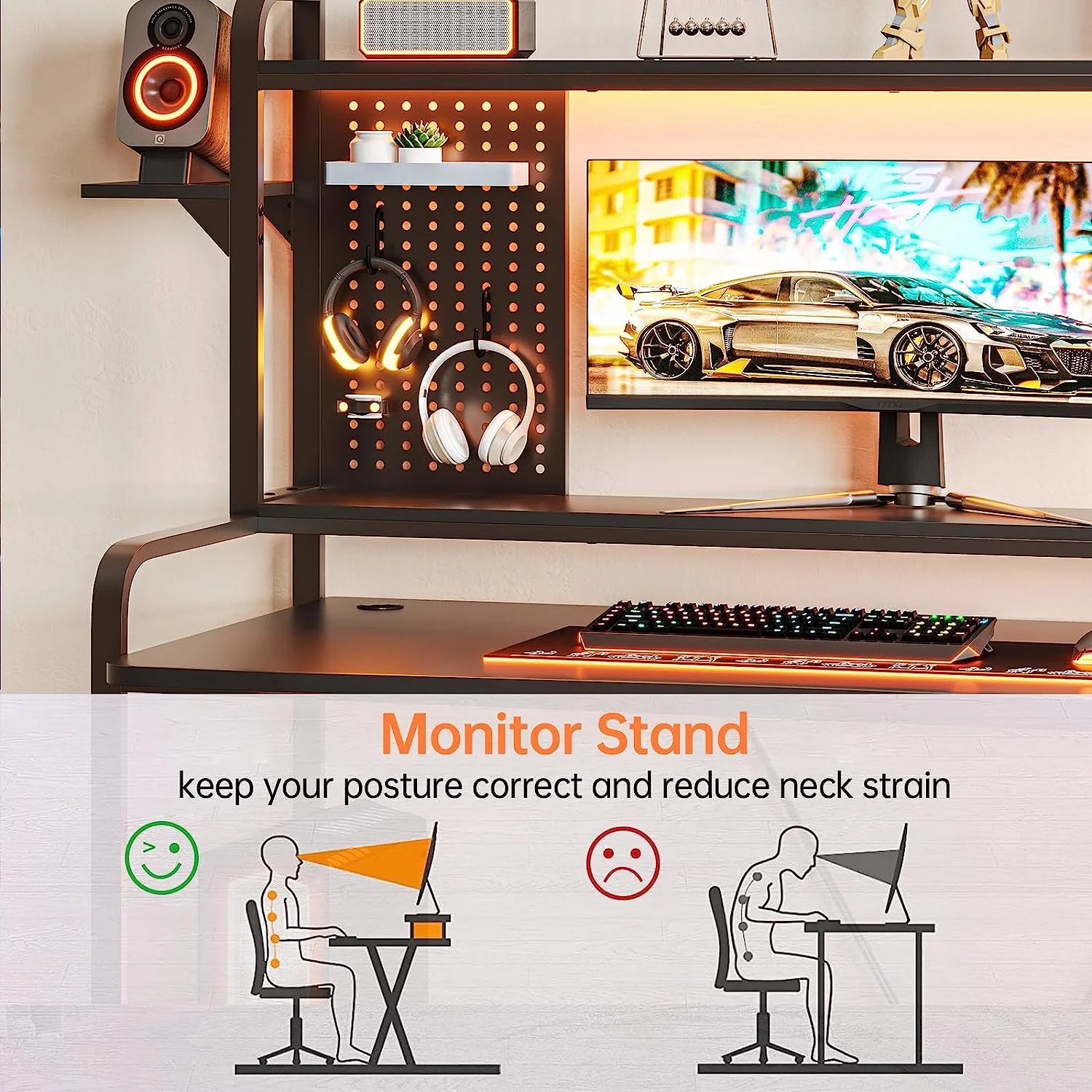 SEDETA Gaming Desk, 55" Computer Desk with Hutch and Shelves, LED Lights, Pegboard and Monitor Shelf, Large PC Gamer Desk Workstation for Home Office