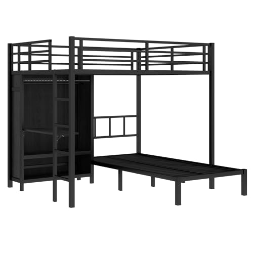 SOFTSEA Metal Bunk Bed with Wardrobe Full XL Over Twin L-Shaped Bunk Beds with Desk and Shelves for Kids Teens