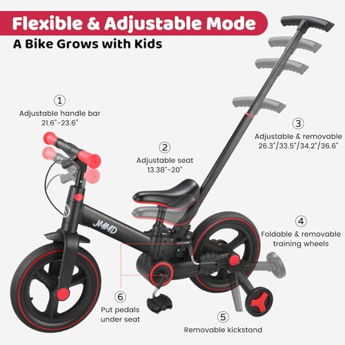 JMMD Toddler Bike with Push Handle for Kids 18-60 Months, 6 in 1 Foldable Push Bike with Training Wheels, Pedals, Brakes, Kickstand