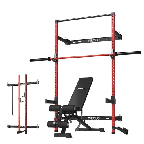 Mikolo 2" x 2" Folding Wall Mounted Squat Rack, 1000 Pounds Capacity Power Rack with Pull Up Bar, J Hooks and Other Attachments, Space-Saving Home Gym