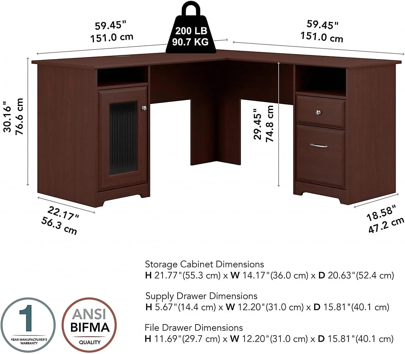Cabot L Shaped Computer Desk In Harvest Cherry, Corner Table With Drawers For Home Office