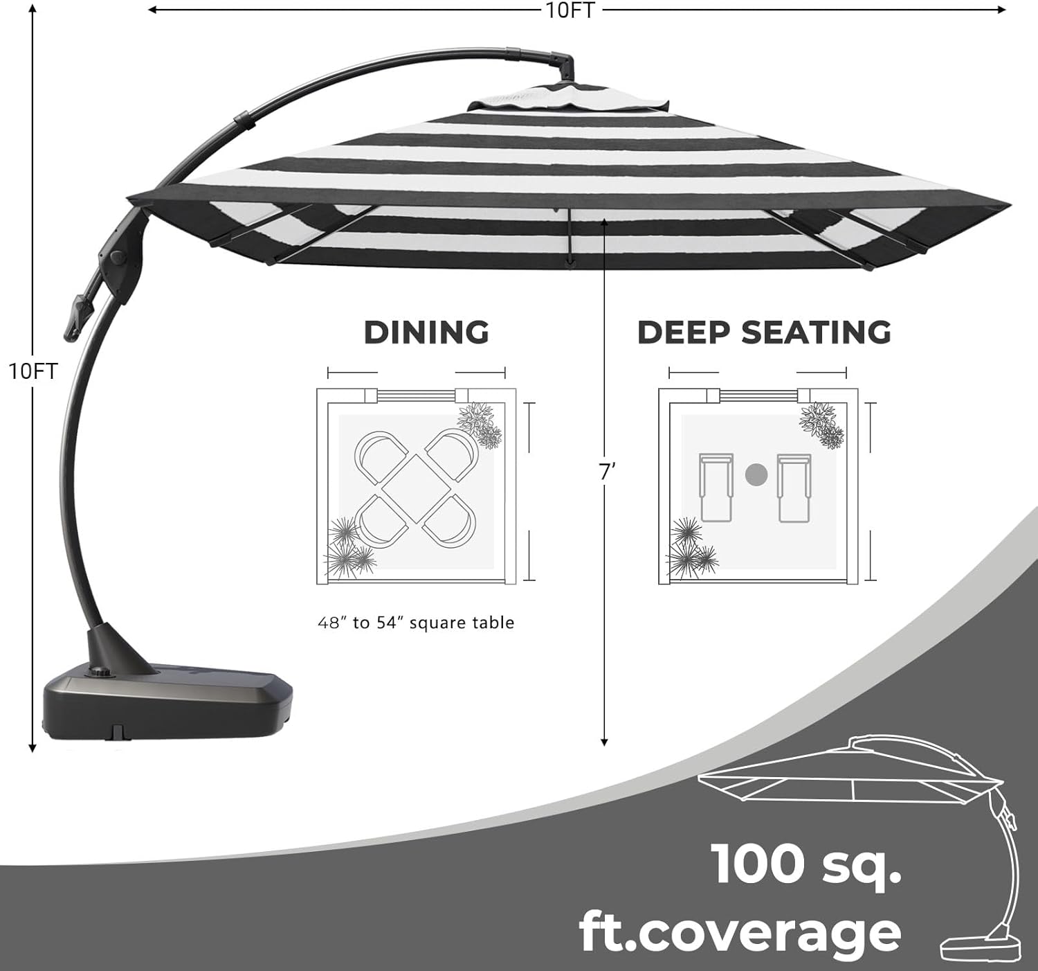 Grand patio 10'x10' Patio Offset Umbrella Aluminum Large Square Cantilever Umbrella Base Included for Deck Porch (Black & White, 10x10 FT)
