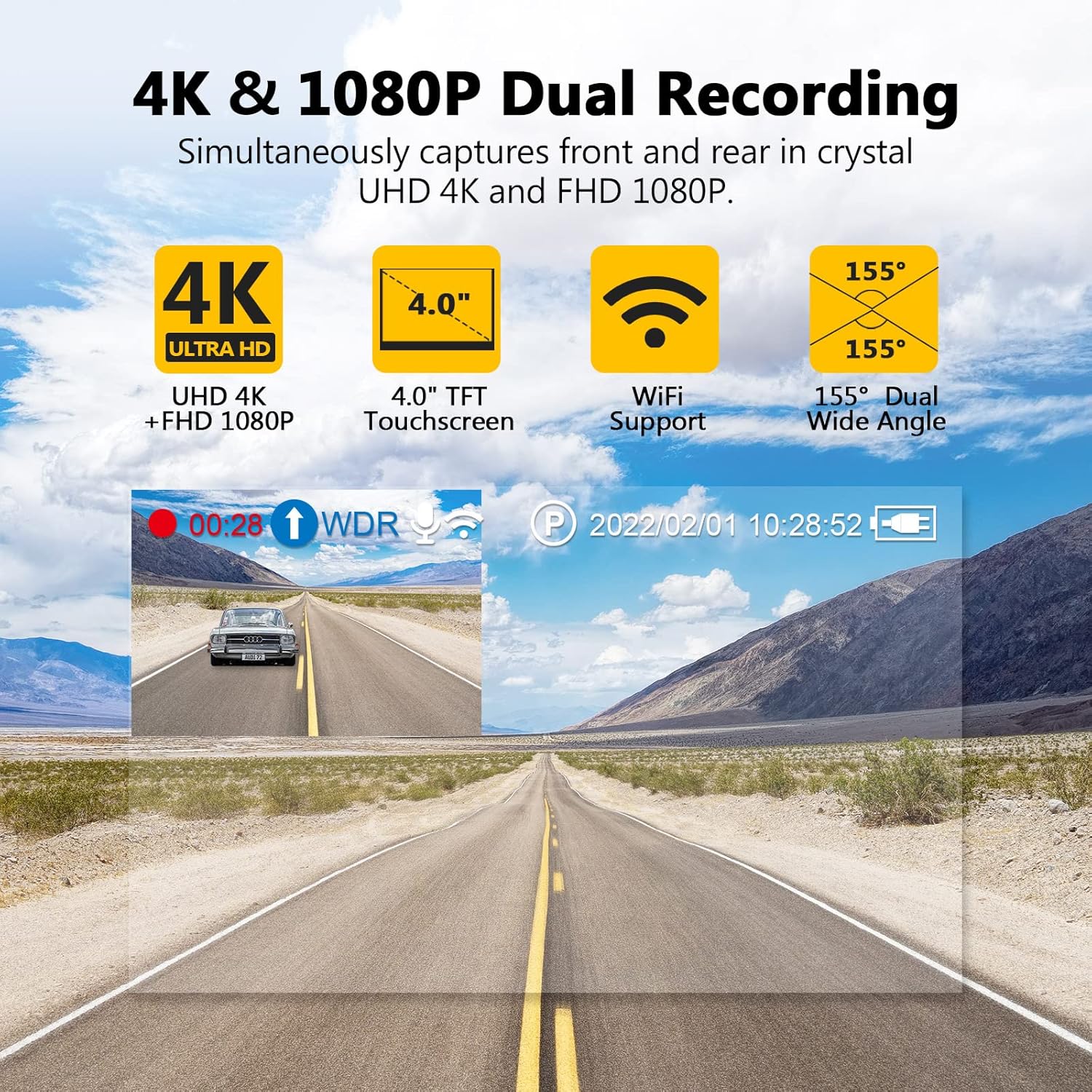 Z-Edge 4K Dual Dash Cam Built-in WiFi, Touch Screen Front and Rear Dash Cam FHD 1080P with Night Mode, 32GB Card Included,155 Degree Wide Angle, WDR