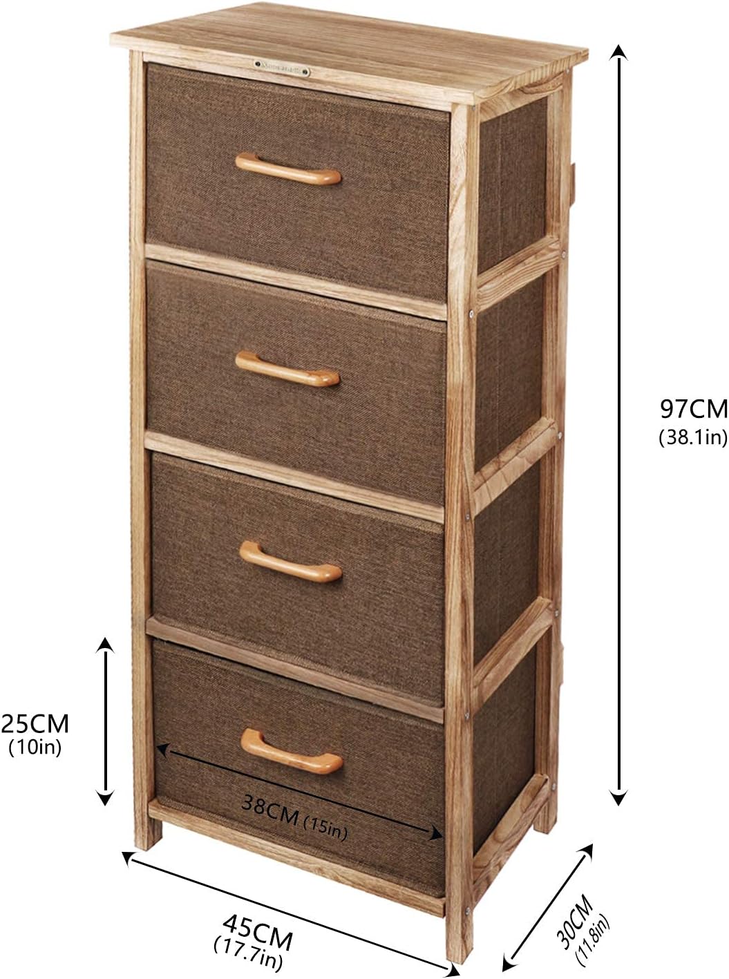 Wooden Dresser Storage Tower,Rustic Retro 4 Drawer Vertical Fabric Storage Unit for Bedroom, Hallway, Entryway, Closet,Nursery Room,Bathroom,Brown