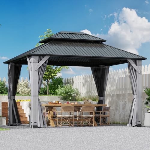 12'x12' Hardtop Gazebo, Outdoor Double Roof Galvanized Steel Gazebos, Aluminum Frame Permanent Pavilion with Curtains & Netting for Backyard, Patio
