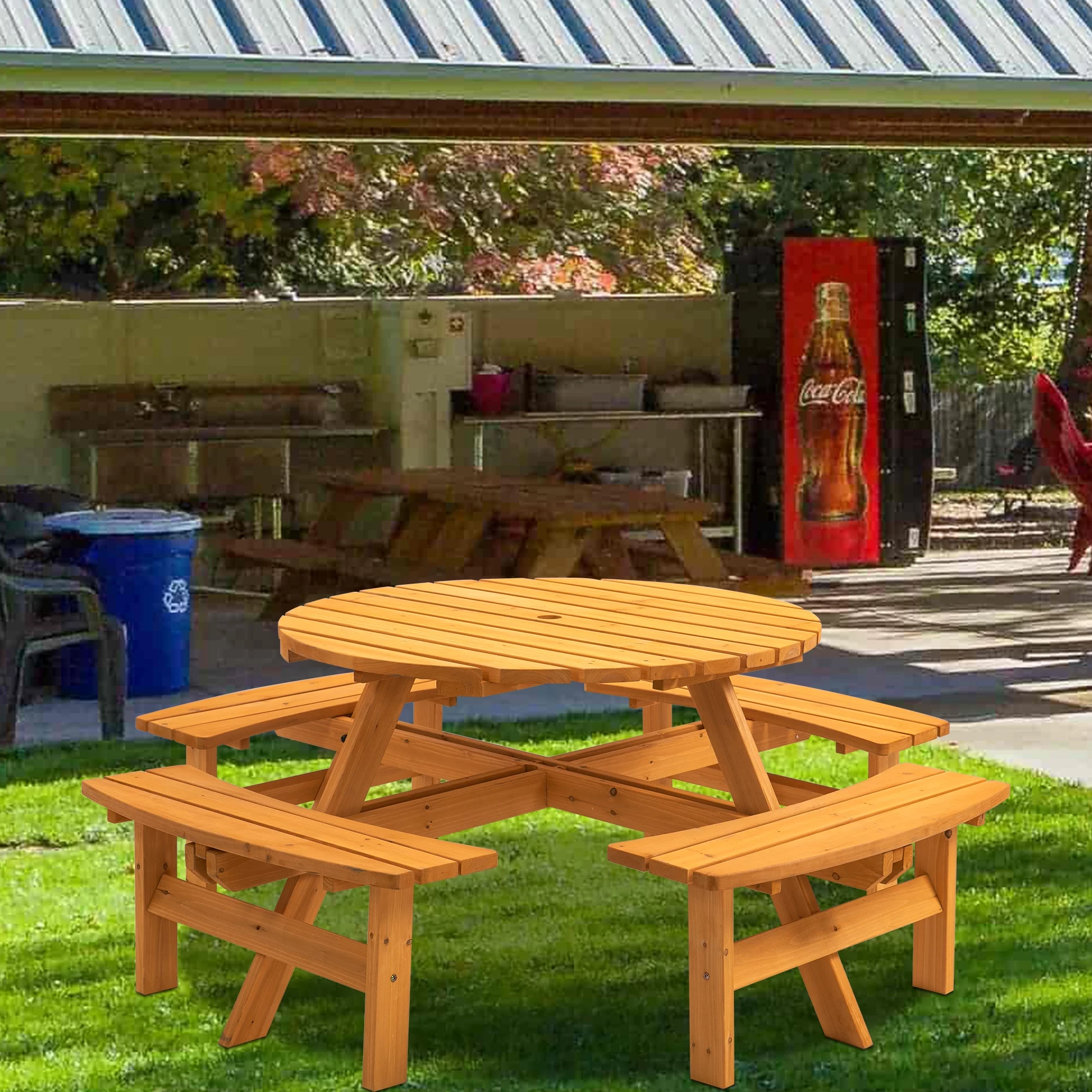 Outdoor 8-Person Circular Wooden Picnic Table w/ 4 Built-in Benches 2220lb Capacity for Garden, Patio, Backyard - Natural
