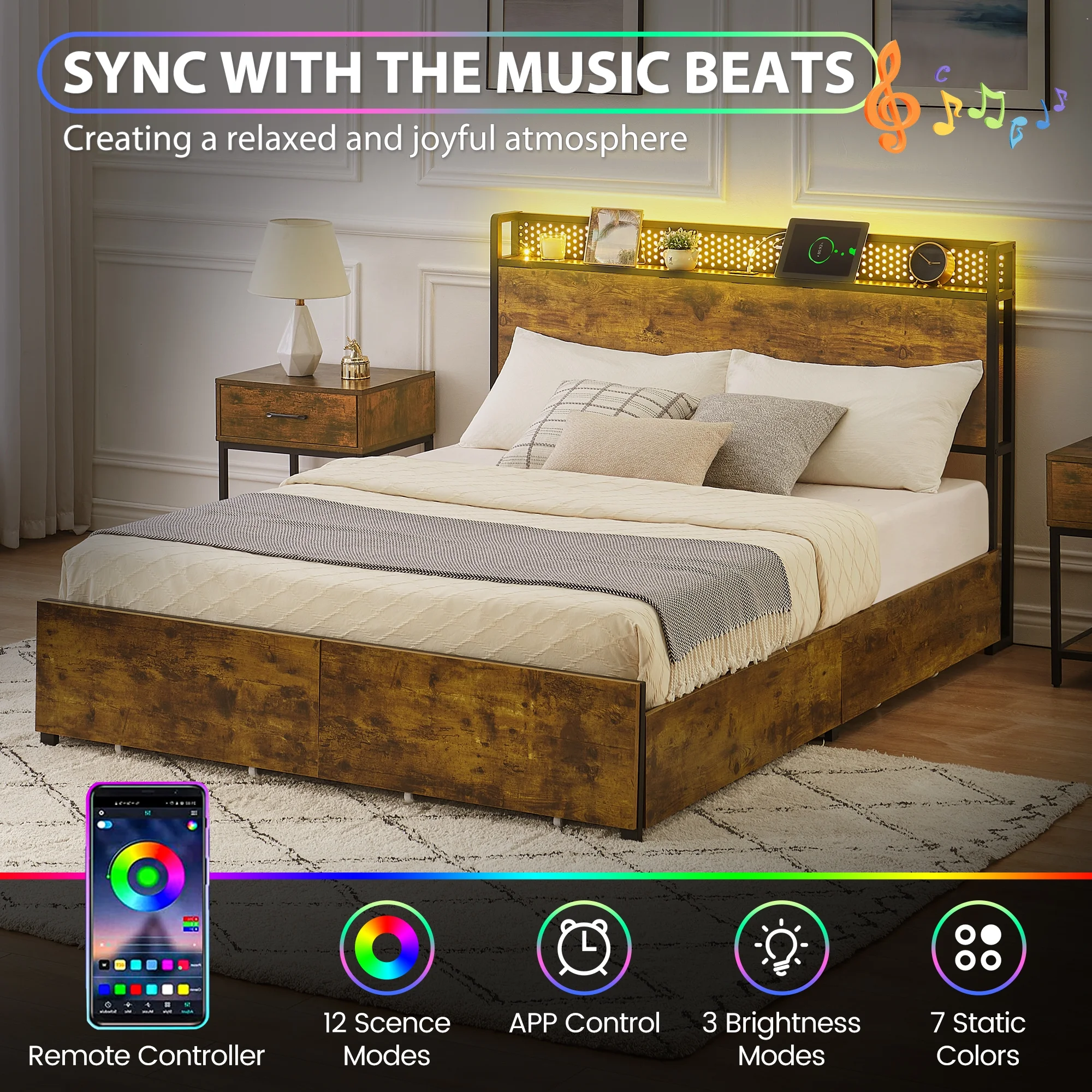 IDEALHOUSE Queen Bed Frame with Storage Headboard and 6 Drawers,LED Bed Frame with Outlets and USB Ports