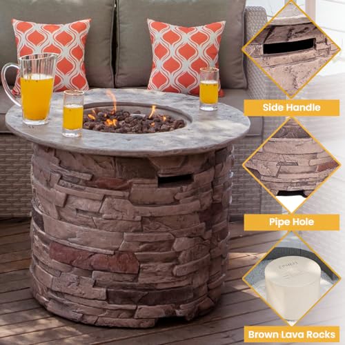 COSIEST Outdoor Propane Concrete Fire Pit Table w Imitation Stone Surface 32-inch Round Fire Table, CSA Certified, 40,000 BTU Stainless Steel Burner