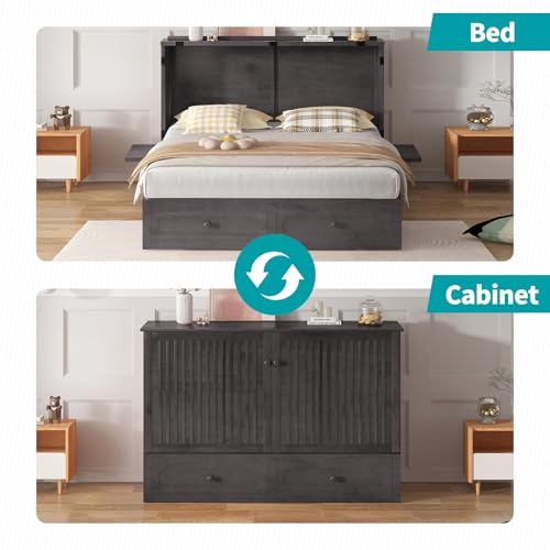 BALUS Murphy Cabinet Bed, Queen Cabinet Chest Bed with USB Charging Station, Tri-Fold Mattress