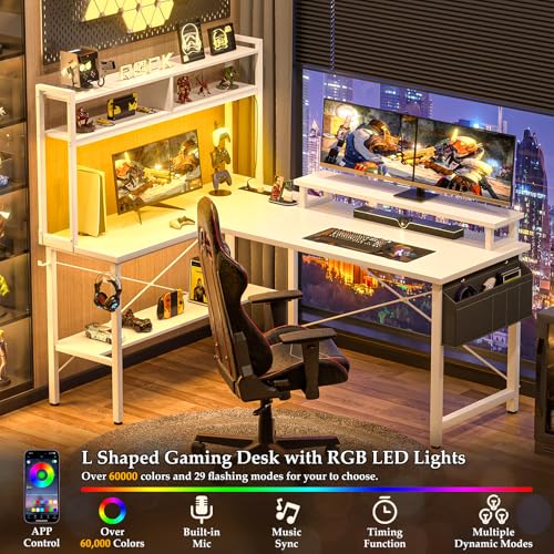 Aheaplus L Shaped Gaming Desk with Power Outlets & LED Lights, Small L- Shaped Desk Computer Corner Desk with Monitor Stand & Storage Shelf
