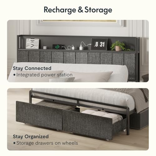 FLEXISPOT Queen Adjustable Bed + 12-inch Cooling Gel Memory Foam Mattress, Storage Headboard, Charging Station, Head Incline, LED Lighting