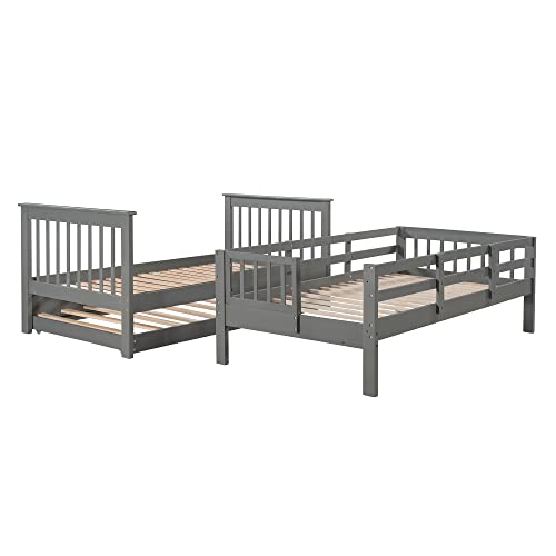 Harper & Bright Designs Twin Over Twin Bunk Bed with Stairs and Trundle, Solid Wood Stairway Bunk Bed Frame with Storage