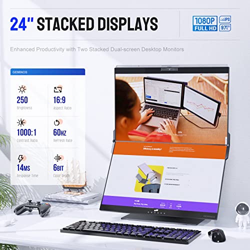Mobile Pixels Geminos Dual 24" FHD Stacked Desktop Monitors with 1080P Webcam&Speakers, 100W USB-C Charging