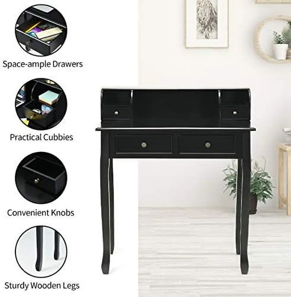 JYHOME Small Writing Desk with Removable Hutch  2-Tier Vanity Table with 4 Drawers  3 Cubbies &amp