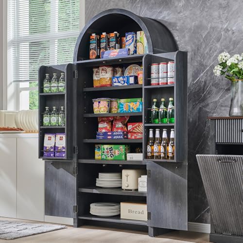 71" Tall Arched Kitchen Pantry, Modern Fluted Wood Storage Cabinet with Doors, 3 Adjustable Shelves, 6 Door Shelves, Organizer