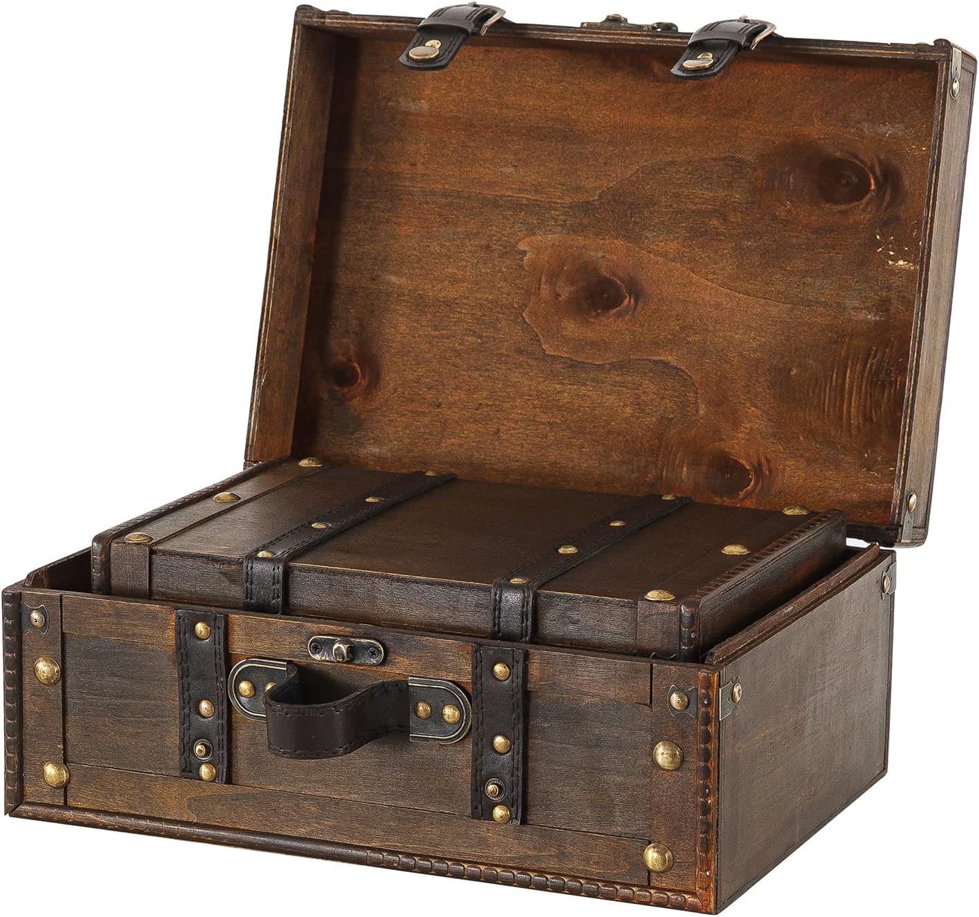 Soul & Lane Globetrotter Wooden Trunk Suitcases with Handle - Set of 2 | Vintage Wood Storage Chest Set