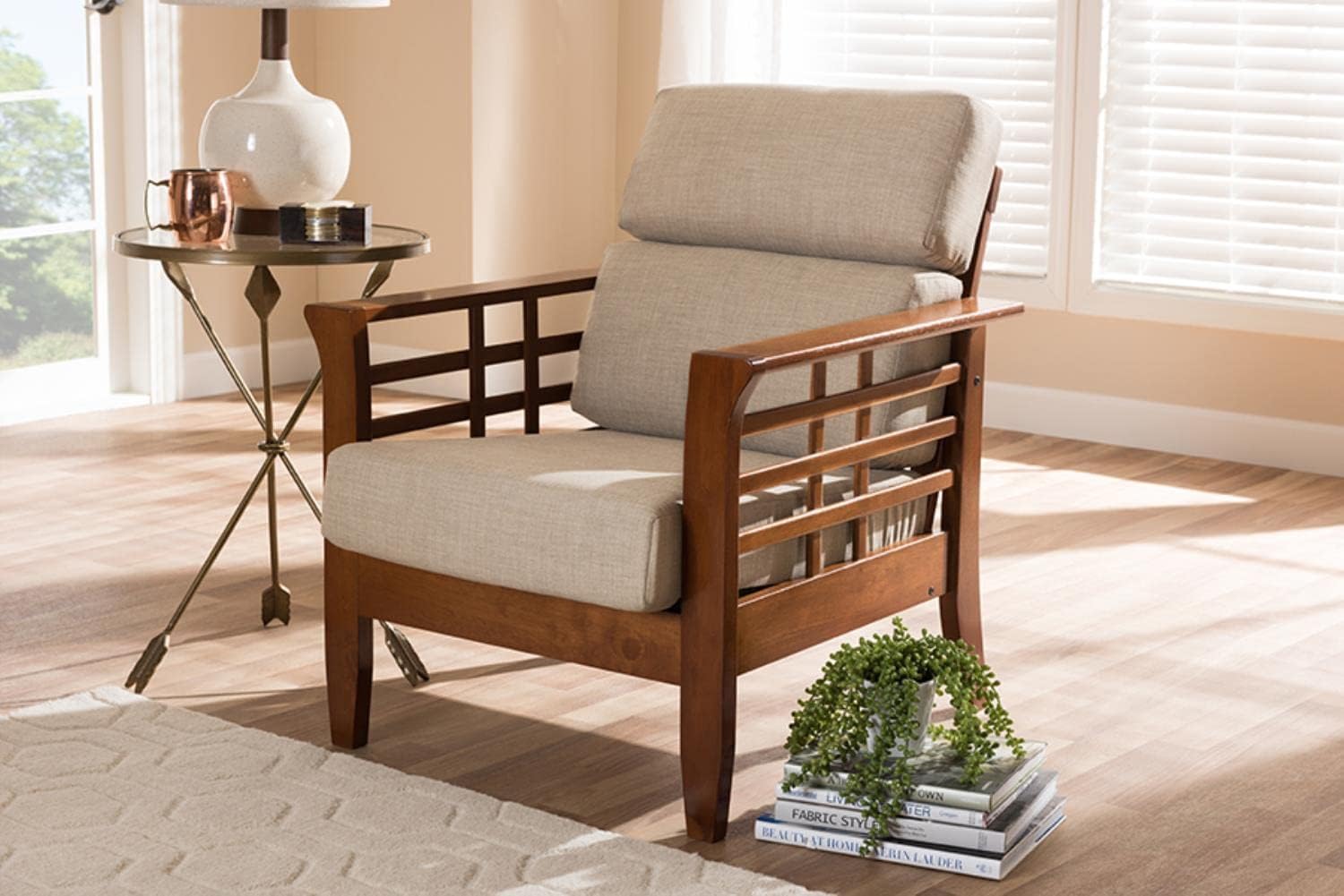 Baxton Studio Larissa Modern Classic Mission Style Cherry Finished Brown Wood and Dark Beige Fabric High Back Cushioned Living Room 1-Seater Lounge