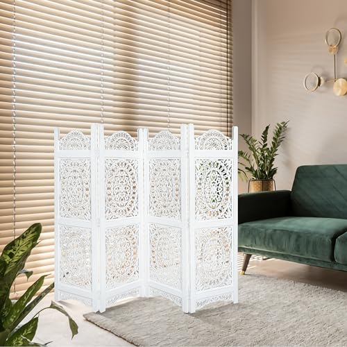Lightnpro Wooden Room Divider - Handmade Foldable Partition Screen with Intricate Oval Carved Design Hinged