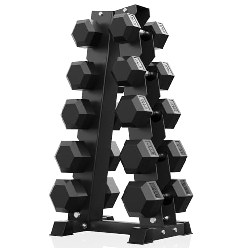 PAPABABE Hex Dumbbell Sets with Rack, 60-550lb Rubber Coated Dumbbell Weight Set and Storage Rack, Multiple Options Hand Weights for Strength Training