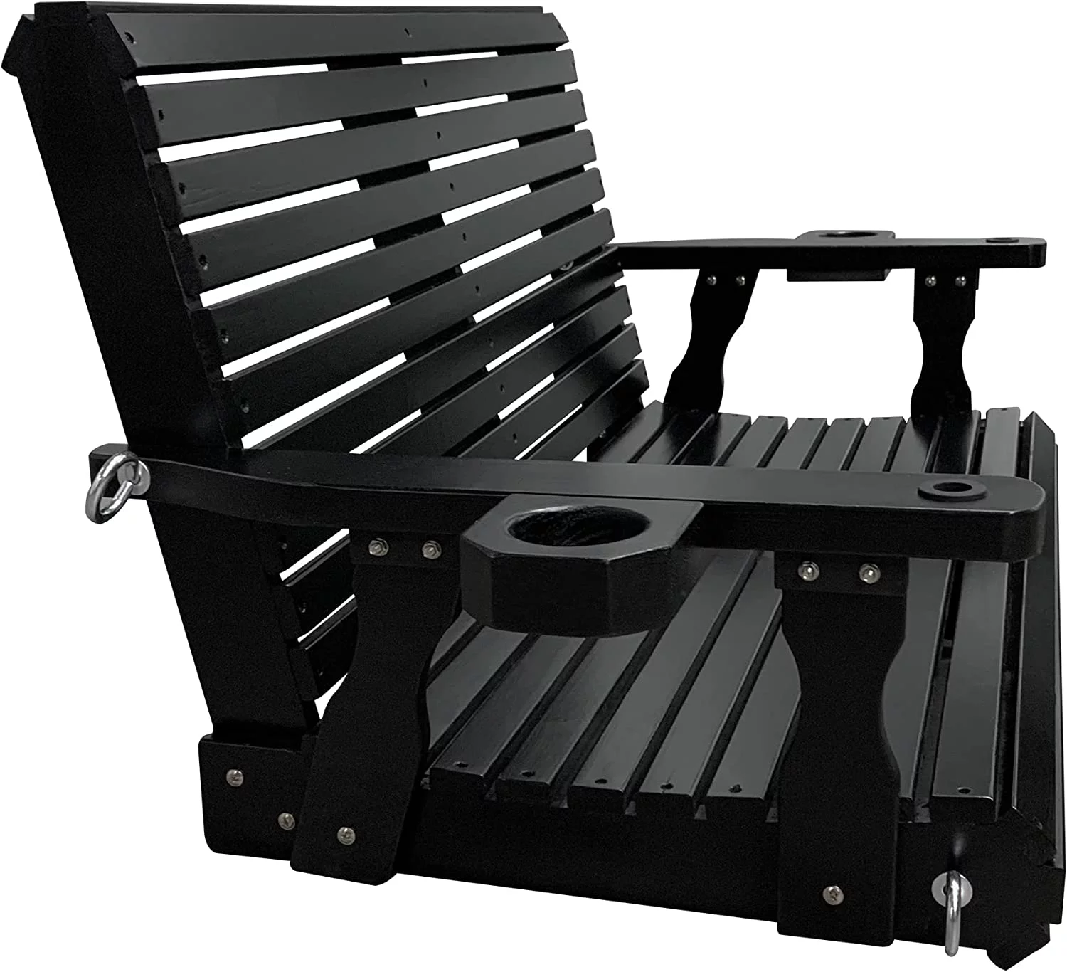 Wooden Porch Swing 2-Seater, Bench Swing with Cupholders for Outdoor Patio Garden Yard, 4 ft Black
