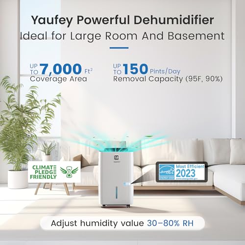 Yaufey 2500 Sq. Ft Home Dehumidifier for Medium to Large Rooms and Basements with Auto or Manual Drainage, 0.48 Gallon Water Tank Capacity