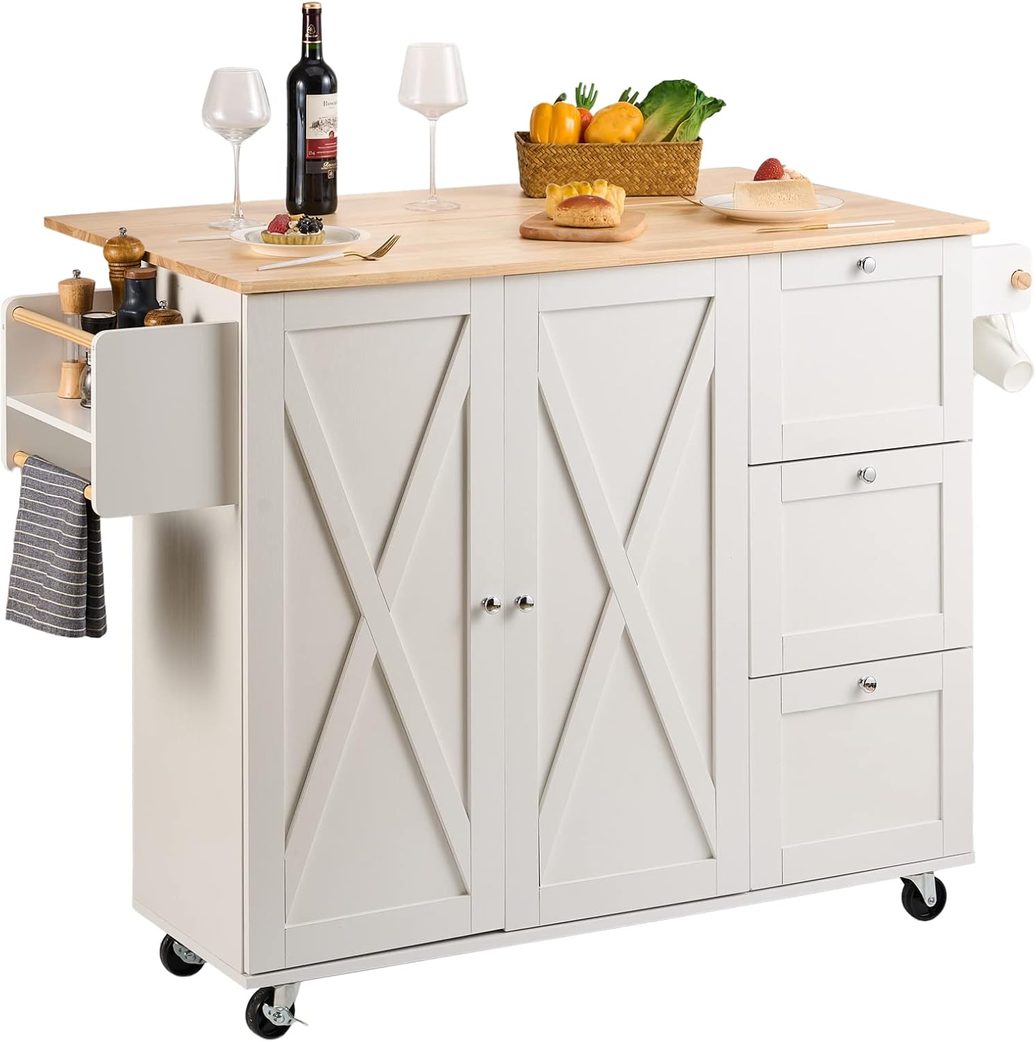 VEVOR Kitchen Island Cart with Solid Wood Top, 45.3" Width Mobile Carts with Storage Cabinet, Rolling Kitchen Table with Spice Rack, Towel Rack