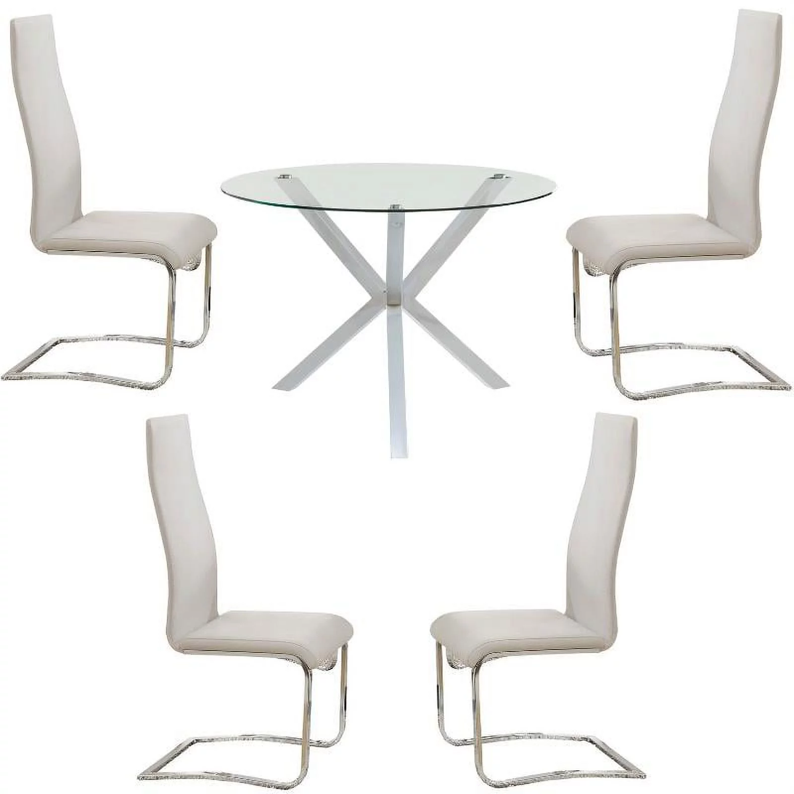 Home Square 5 Piece Set with Round Glass Top Dining Table and 4 Chairs in Cream