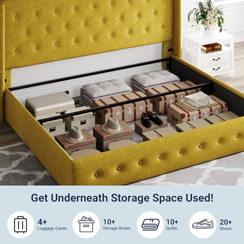 Allewie Full Size Lift Up Storage Bed, Modern Wingback Headboard, Hydraulic Support, No Box Spring Needed, Light Beige