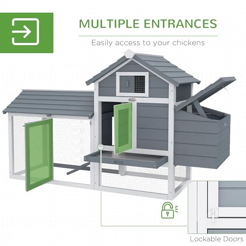 PawHut 59" Small Wooden Chicken coop Hen House Poultry Cage for Outdoor Backyard with 2 Doors, Nesting Box and Removable Tray, Gray