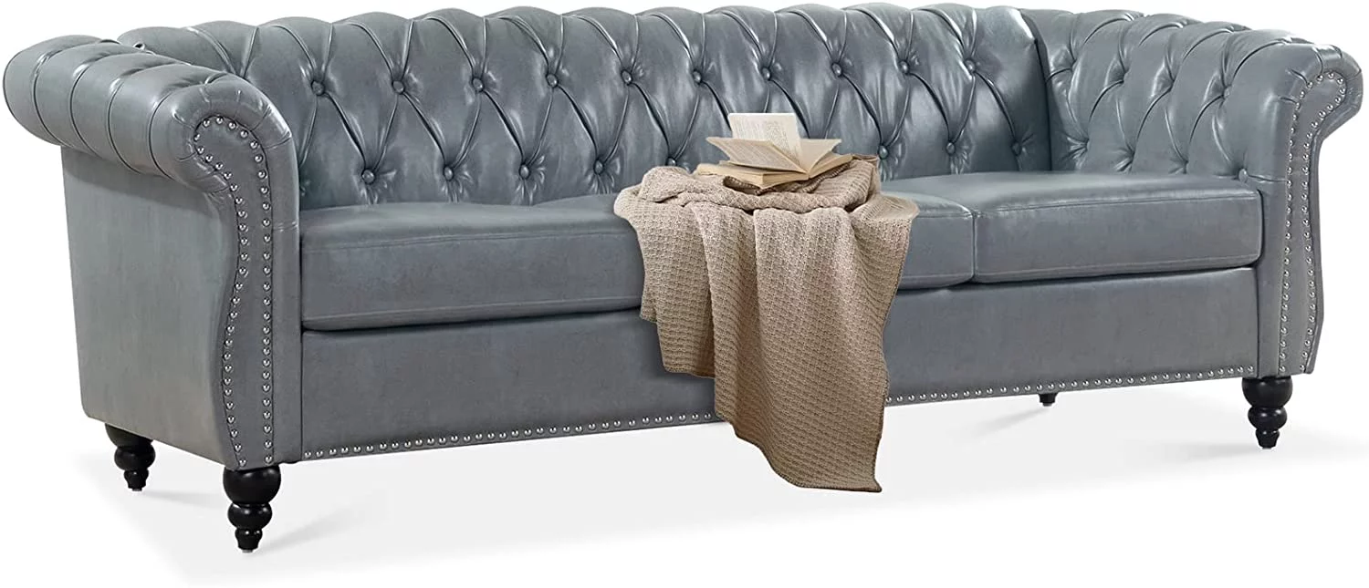 84" Leather Chesterfield Sofas for Living Room, Rolled Arm 3-Seater Large Couch Deep Button Nailhead Tufted Upholstered Couches for Bedroom