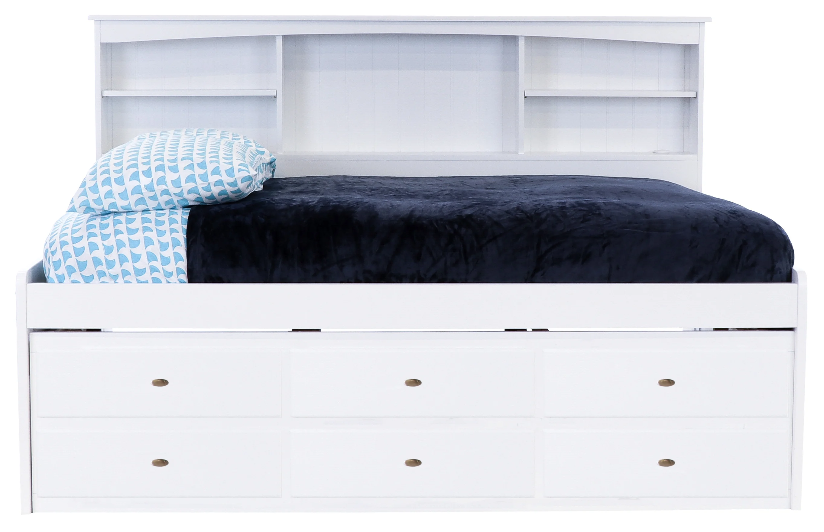OS Home and Office Furniture, Model 80223K3-22, Solid Pine Full Bookcase Daybed with 3 Drawers and a Twin Trundle in Casual White