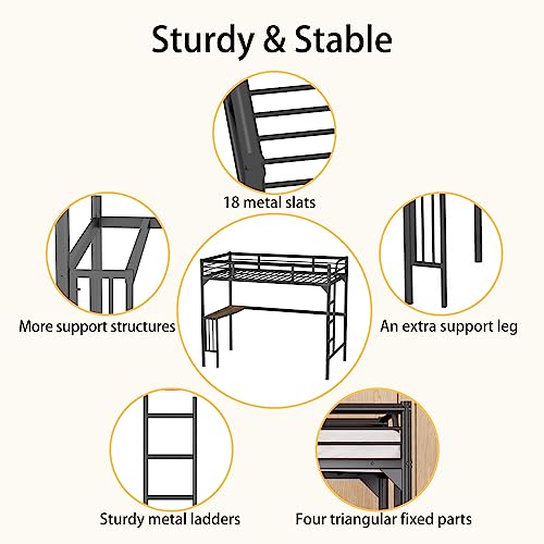 Petfu Loft Bed Twin Size with Desk, Metal Loft Bed Frame with Ladder and Safety Rails, Space-Saving, Noise Free, No Spring Box Needed, Black