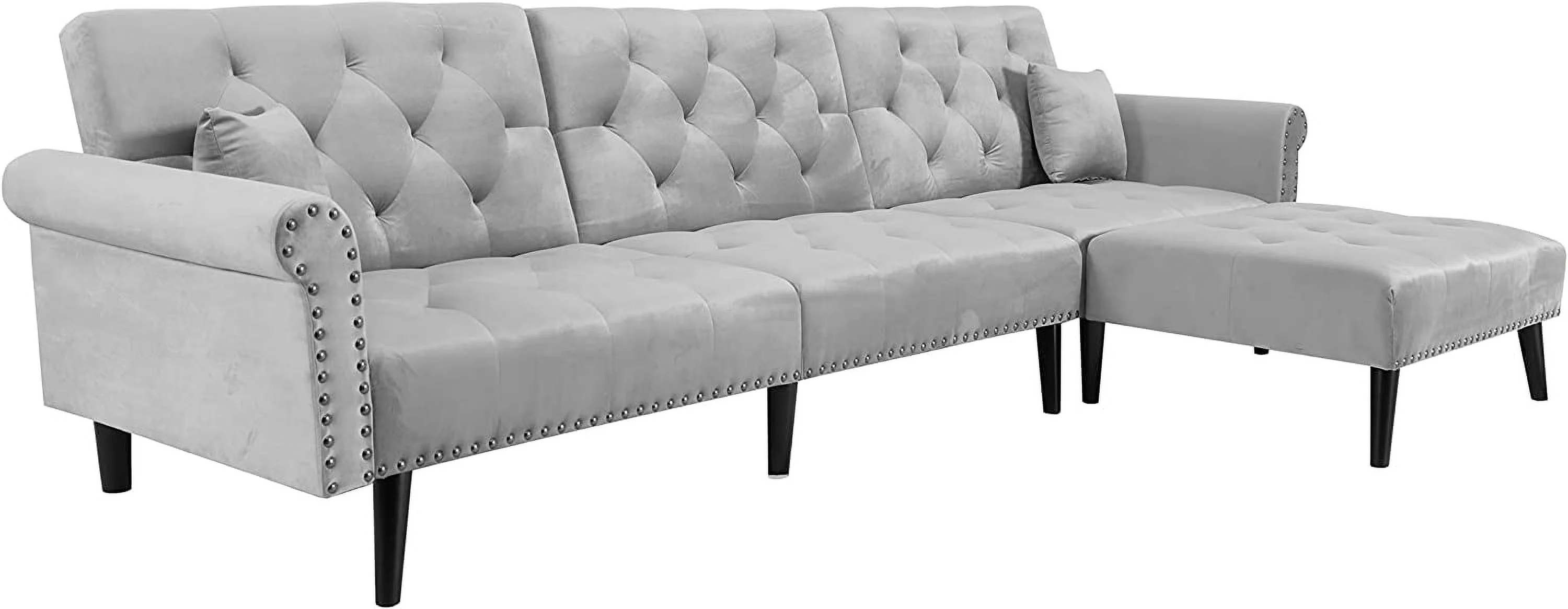 LCH Velvet Convertible Sleeper Sectional Sofa Bed Reversible L Shaped Button Tufted Couch Living Room Furniture Set with Chaise Lounge 2 Pillows