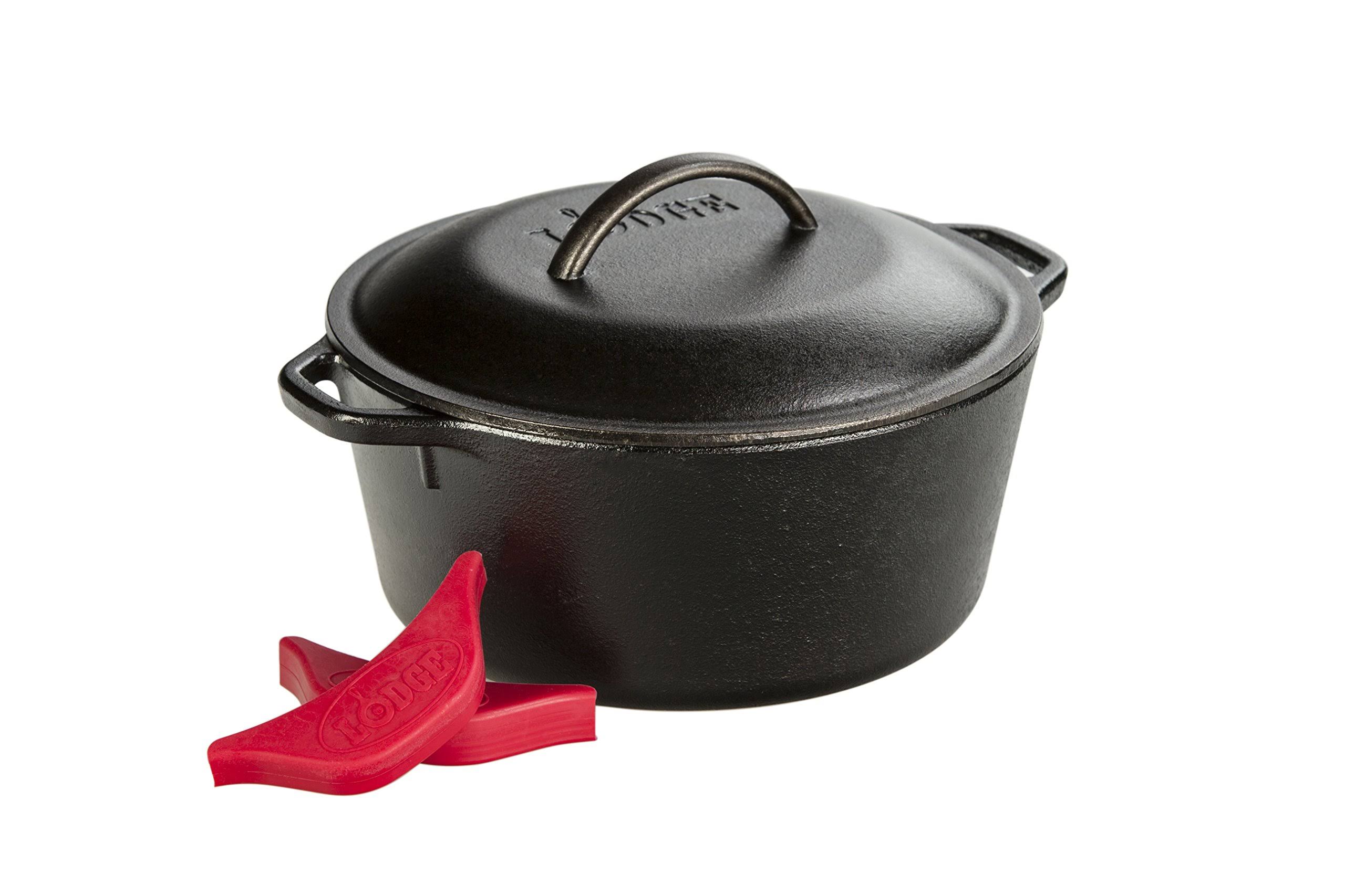 Lodge L8DOL3HH41PLT Cast Iron Dutch Oven with Handle Holders, 5 Quart, Black/Red