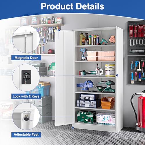 Metal Garage Storage Cabinet with Wheels,Metal Storage Cabinet with Adjustable Shelves,Steel Tool Cabinets with Locking Door for Home, School, Office