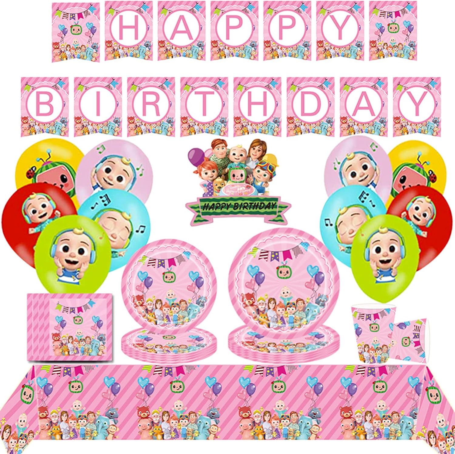 PINKBB Pink Baby Melon Party Decorations, Supplies Pack with Banner, Flatware, Plates, Cups, Napkins, Balloons, Cake Topper