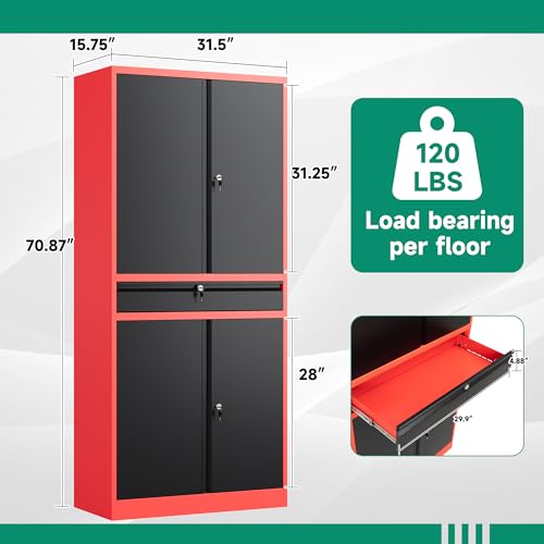 Letaya Metal Garage Storage Cabinet with Drawer,4 Door Tool Cabinet with Lock-2 Adjustable Shelves for Garage Home Office Utility Room (Black)