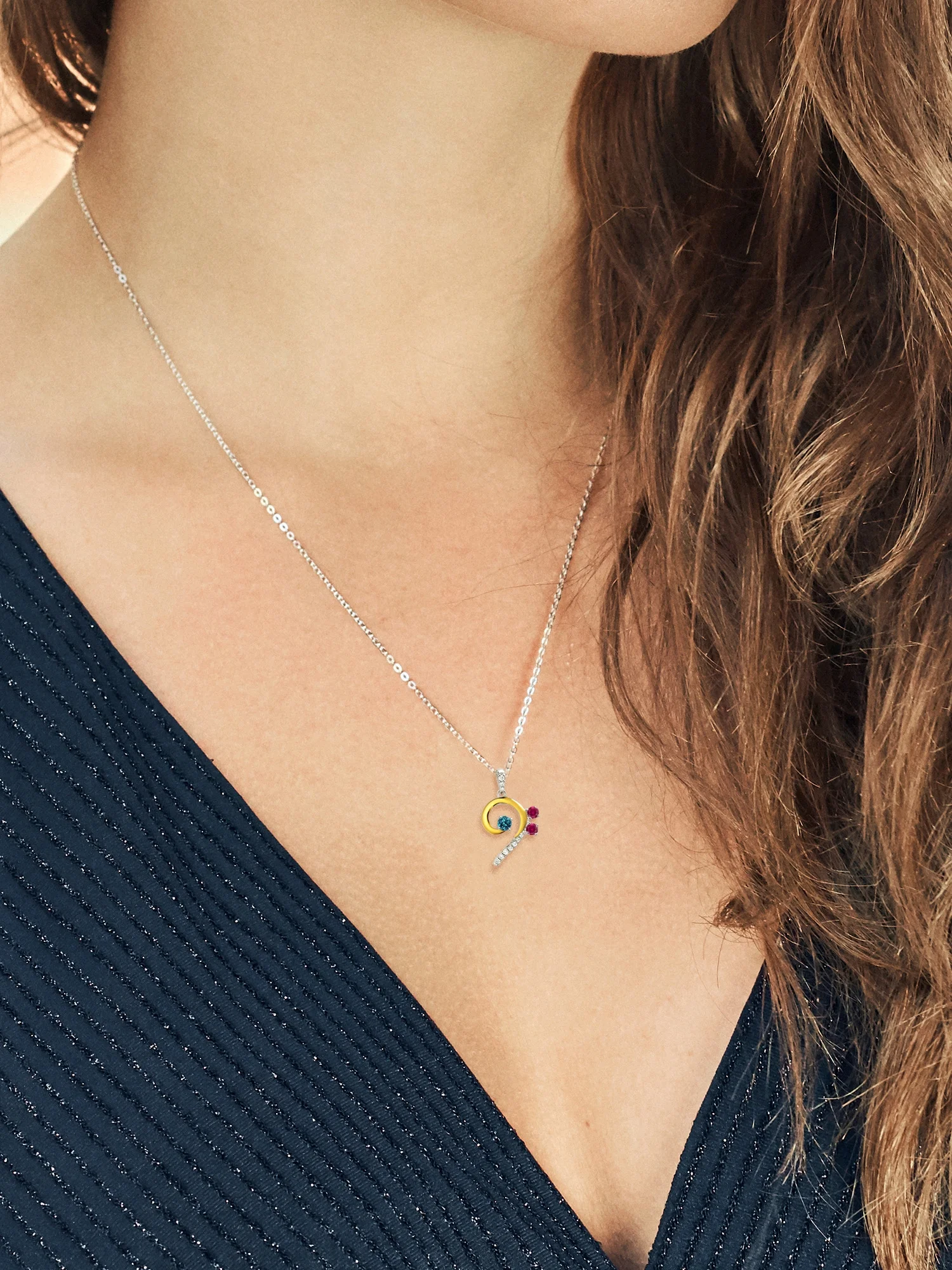 925 Sterling Silver and 10K Yellow Gold London Blue Topaz Red Created Ruby and White Lab Grown Diamond Bass Clef Music Note Pendant Necklace For