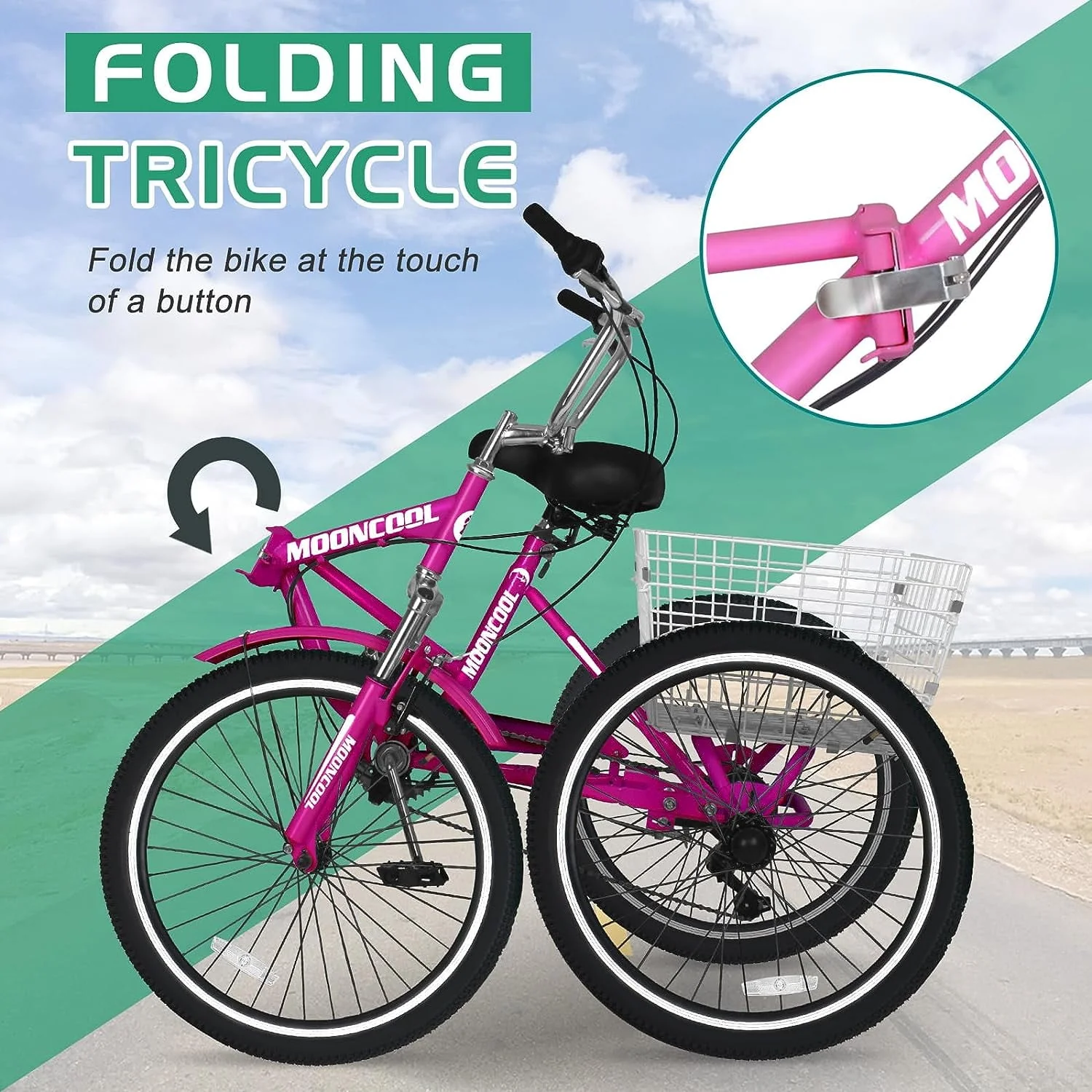 MOONCOOL Adult Folding Tricycle for Adults, 7 Speed 20/24/26 inch 3 Wheels Bikes with Basket, Foldable Tricycle for Adults, Women, Men, Seniors