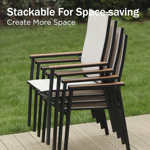PHI VILLA Outdoor Stackable Dining Chairs Set of 6（Beige,Lightweight Aluminum Frame with Textilene Fabric & Wider Armrest,Easy to Store