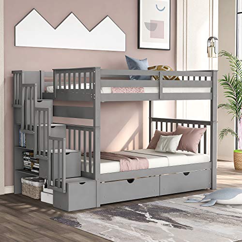 Ball & Cast Twin-Over-Twin Bunk Bed with Twin-Size Trundle and 3 Storage Stairs,Wood Bunkbed w/Full-Length Guardrails,Slat Support