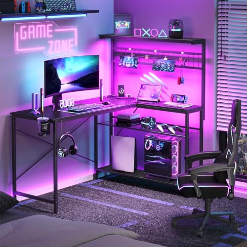 Bestier 42 L Gaming Desk,Computer Desk with Power Outlets, LED Lights, Reversible Corner Desk with 4-Tier Shelves,Cup Holder & Hook Carbon Fiber Black