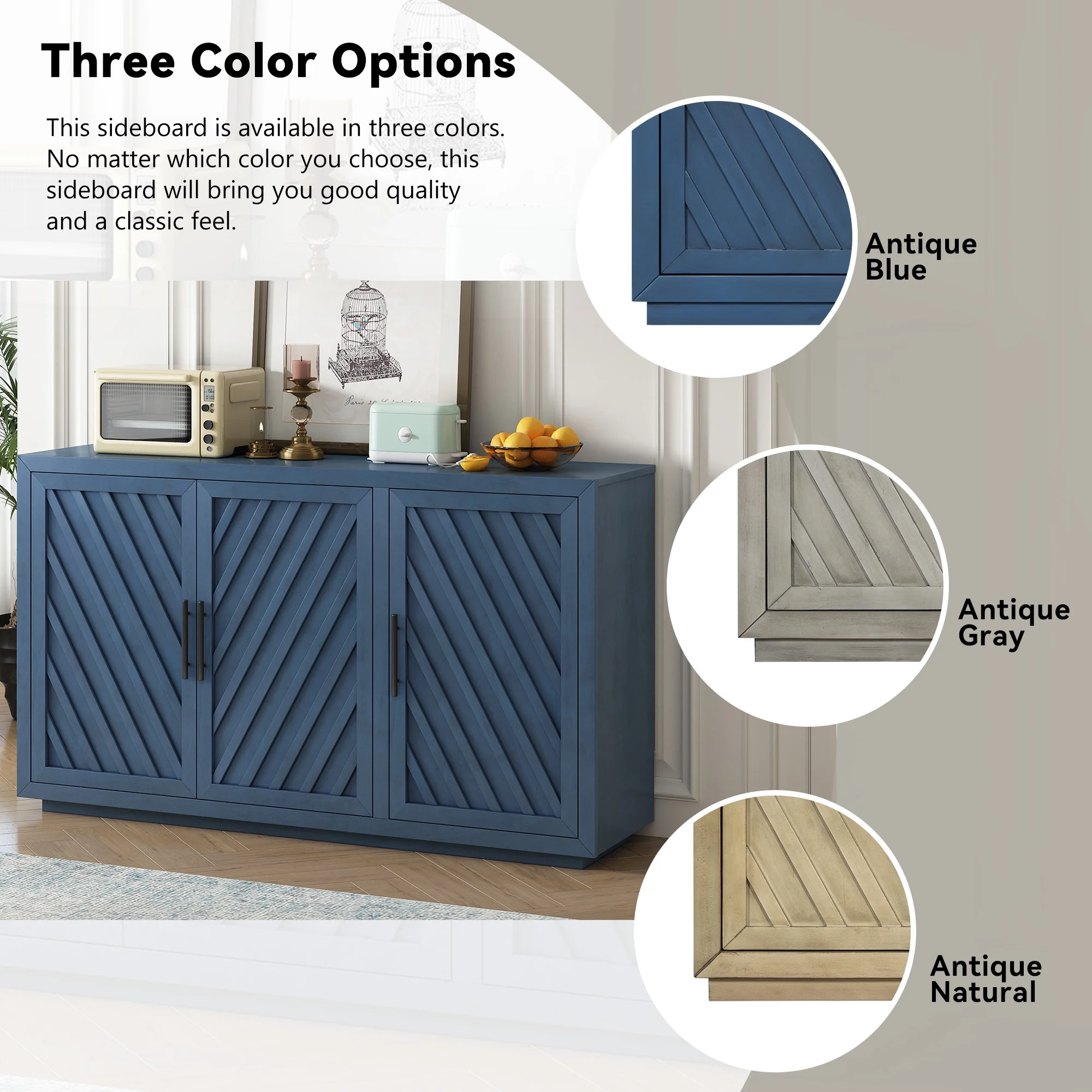 Churanty 3 Doors Large Storage Vintage Sideboard Cabinet, 60'' Retro Sideboard with Adjustable Shelves
