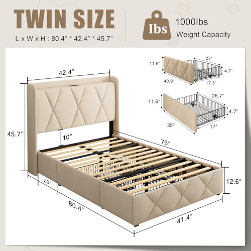 Queen Bed Frame with 4 Storage Drawers and Charging Station, Upholstered Platform Bed Frame with Storage Headboard, No Box Spring Needed