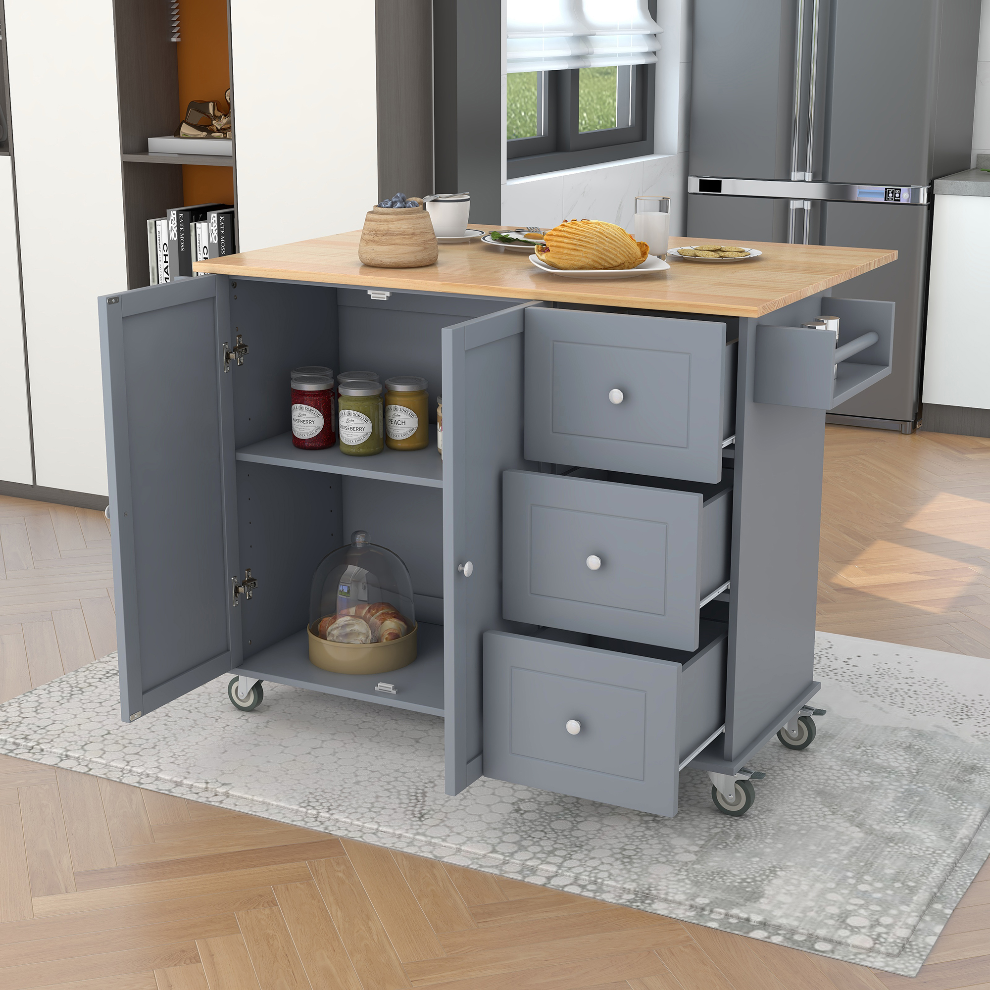 CHURANTY Kitchen Island Cart with Drop Leaf Breakfast Bar Wood Top, Rolling Kitchen Cart with Storage Drawes and Towel Rack Doors,Blue